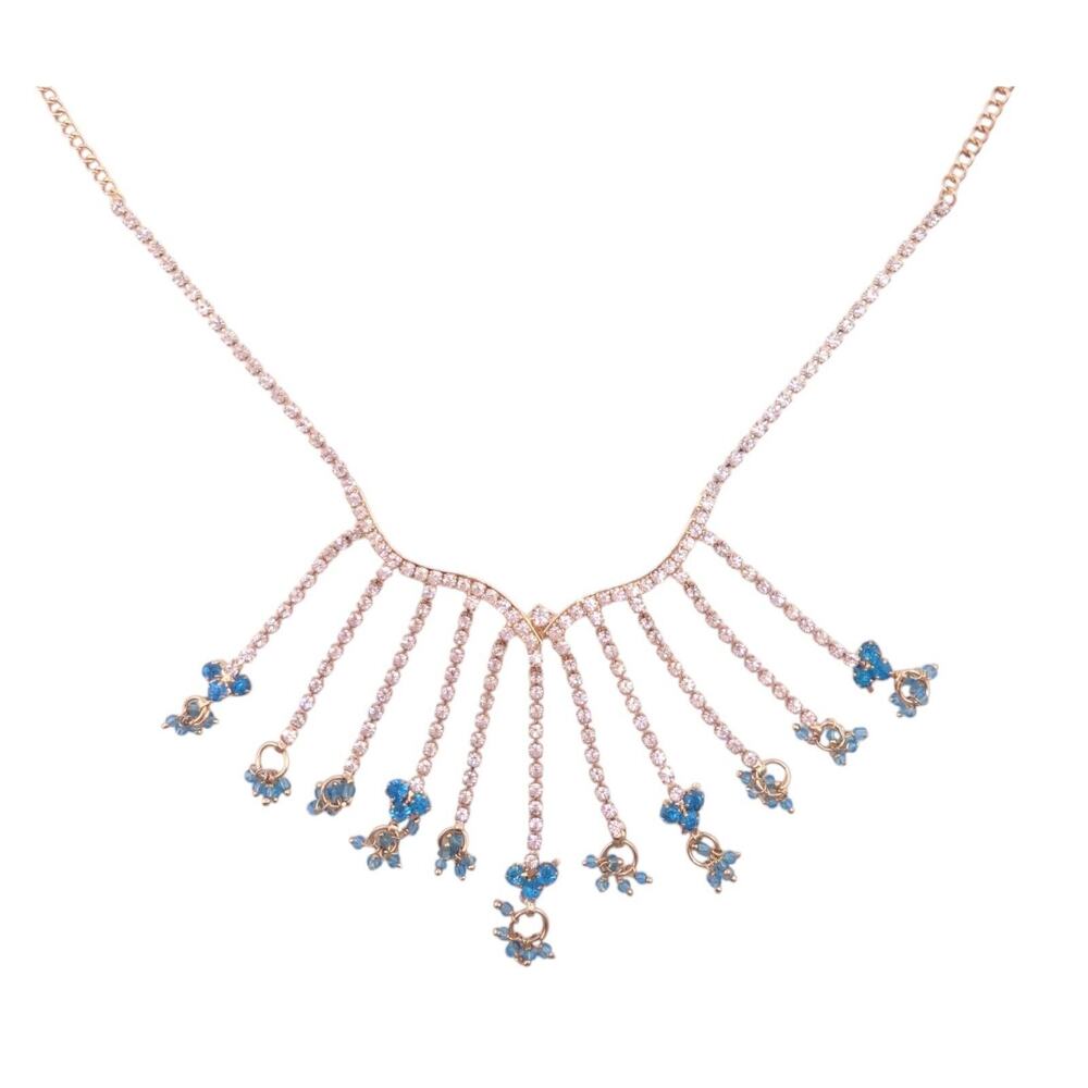 Pretty Clear with Blue Zircon Crystals Bib Style Goldtone Necklace 17.5" NWOT